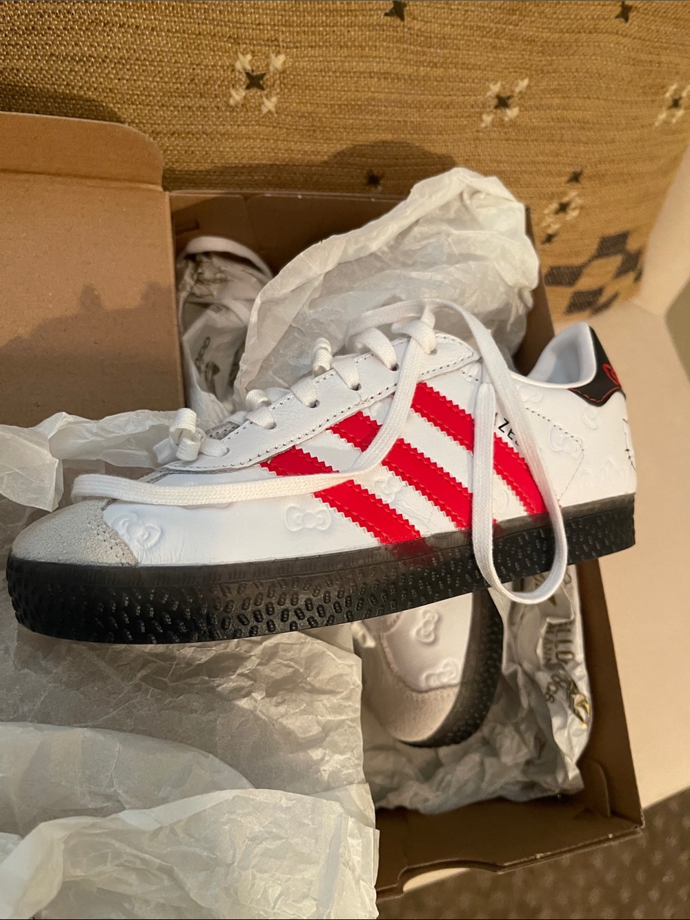 adidas Kids White Sneakers with Red Stripes and Black Sole- Hello Kitty